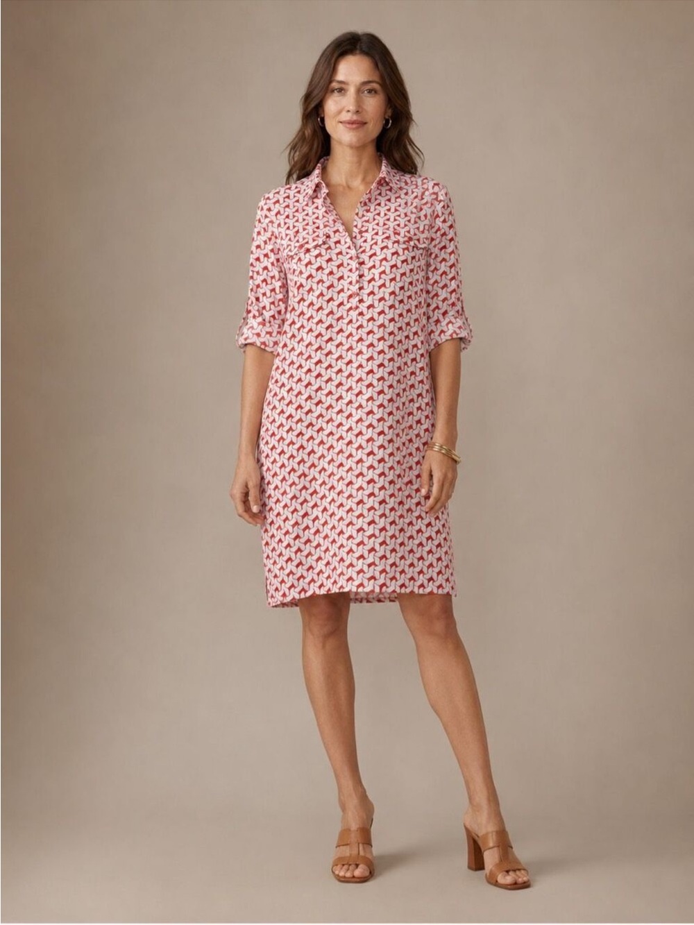 J. McLaughlin Geometric Print Shirt Dress Coral-Red White Size
Extra Large